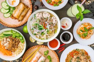 Assorted,Asian,Dinner,,Vietnamese,Food.,Pho,Ga,,Pho,Bo,,Noodles,